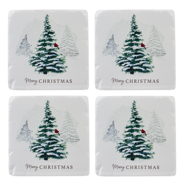 Cardinal Merry Christmas Tree Coasters