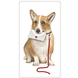 Tan and white Corgi with envelope sealed with a red heart. Has collar and red leash hanging.