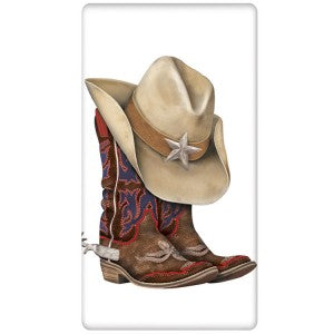 Western Cowboy Brown Boots with Spur, Has a brown coyboy hat on top of boots standing up. Hat has a band with western star in center.