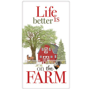 Red barn with big green full tree towering over barn, and one pine tree on other side. Has white picket fence in front with horse, lamb and rooster. Says