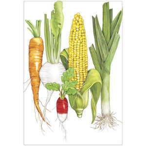 Garden Vegetable towel with Carrot, corn, turnip, green onion and radish side by side.