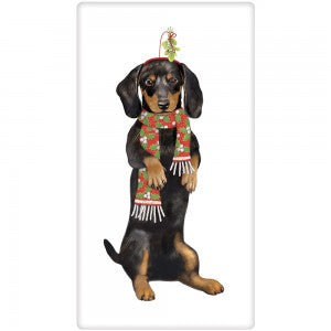 Doxie Dog Mistletoe Dish Towel