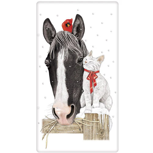 Horse and Cat Winter Dish Towel