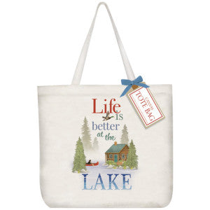 Forest lake setting with Cabin and pine trees. Has a black lab paddling red canoe. Says