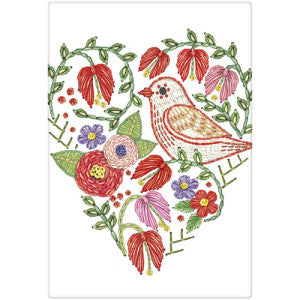 Red bird inside floral heart with reds, greens, purples, and some pink.
