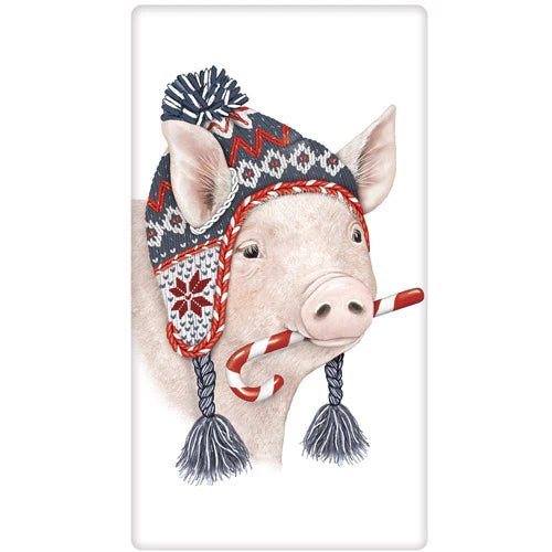 Pig Candy Cane Winter Dish Towel