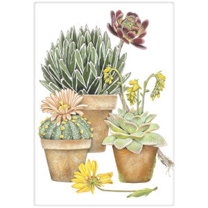 Three brown potted cactus and succulent flour sack towel.
