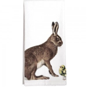 Rabbit and baby chick looking at each other.