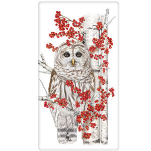 Owl Birch Tree And Berries Dish Towel