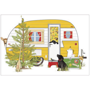 vintage yellow camper with black lab
