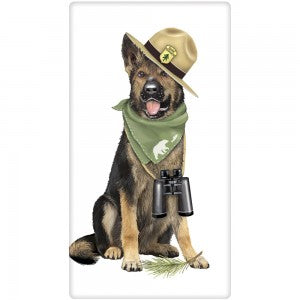 german shepard dog with ranger hat, binoculars