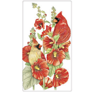 Hollyhock Cardinal Birds Dish Towel