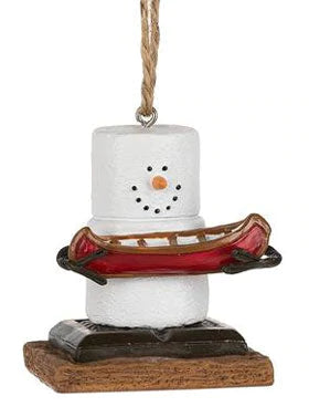 smores ornament holding a canoe
