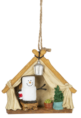 smores glamping ornament with tent, lantern, and plants