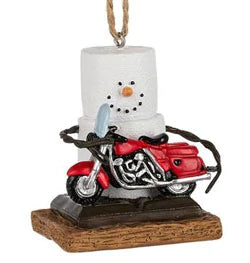 smores ornament holding motorcycle
