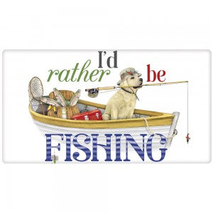 yellow lab with hat and fishing pole in mouth in a boat