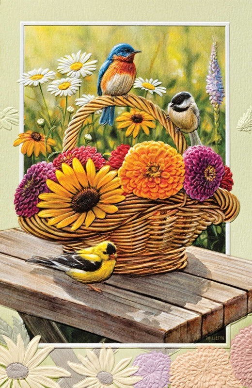 Birds on Flower Basket Birthday Card