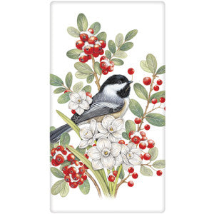 Chickadee Winter Flower Dish Towel