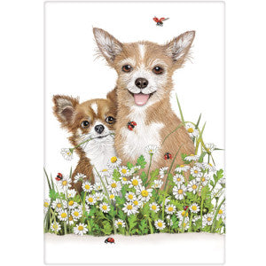 Tan with white adult chihuahua and red with white puppy chihuahua sitting in white daisy's.  Puppy has a daisy in mouth and there are six lady bugs flying around. 