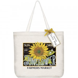 Tan canvas tote bag with black wood placard that has sunflower  and bee, says 