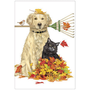 Golden Retriever And Black Cat Fall Dish Towel