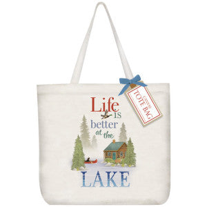 Forest lake setting with Cabin and pine trees.  Has a black lab paddling red canoe.  Says 