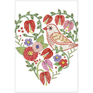 Red bird inside floral heart with reds, greens, purples, and some pink.   