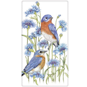 Two Bluebirds with blue flowers and green foliage leaves.  