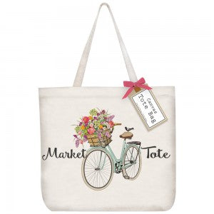 Spring bike canvas bag with flower basket, says Market Tote