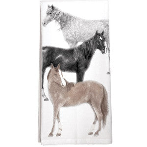Three stacked horses.  Top is white & grey facing to the left.  Middle horse is black with white and facing right.  Bottom horse is brown with white facing left.  