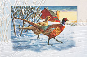 Pheasants Christmas On A Winter Day Cards