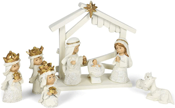 Nativity with Creche 9 Piece Set White & Gold