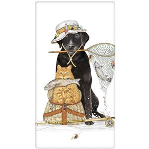 yellow cat and black dog with fishing gear and trout