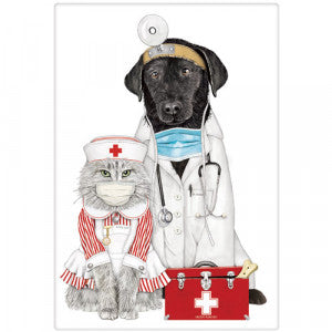 cat dressed as a nurse and black lab as a doctor with mask