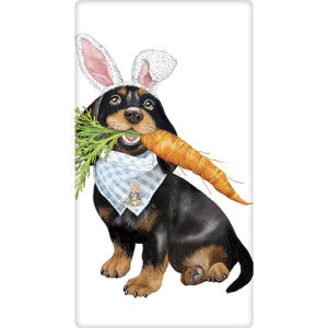 sitting doxie dog with carrot and rabbit ears