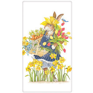 easter rabbit with blue dress with flowers and carrots