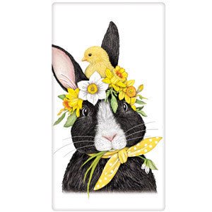 rabbit with flowers and chick on head