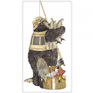 fishing bear with fish and pole in arms with a creel