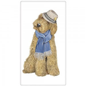 golden doodle with hat and scarf print on towel