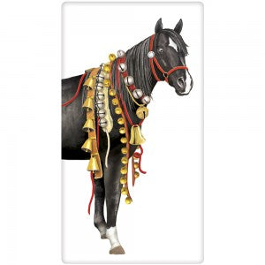 black horse with bells around neck on a kitchen towel