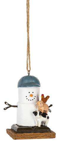smore farmer ornament with cow, pig, and chicken