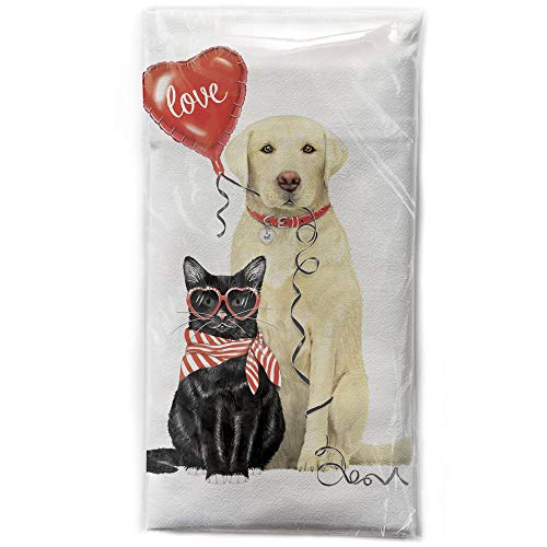 Valentines Lab And Cat Pets Dish Towel