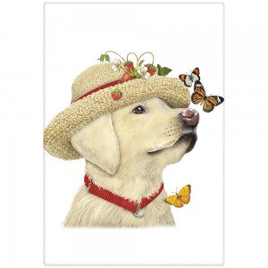yellow lab with red collar, hat, looking at a butterfly
